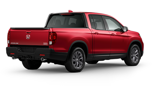 ¾ driver side rear facing view of 2023 Ridgeline Touring model in Radiant Red Metallic II colour