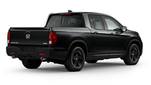 ¾ driver side rear facing view of 2022 Ridgeline Black Edition model in Crystal Black Pearl colour