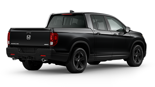 ¾ driver side rear facing view of 2023 Ridgeline Black Edition model in Crystal Black Pearl colour