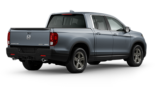 ¾ driver side rear facing view of 2022 Ridgeline Black Edition model in Sonic Grey Pearl colour