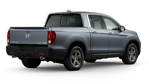 ¾ driver side rear facing view of 2023 Ridgeline Black Edition model in Sonic Grey Pearl colour