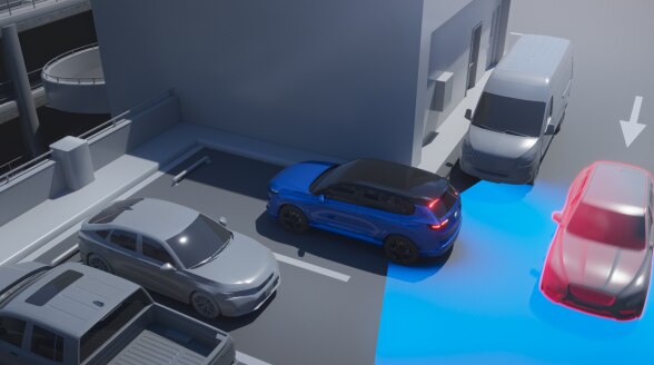 Digital rendering of a vehicle backing out of a parking space and being alerted to a vehicle approaching from behind. 