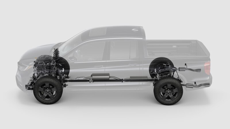 Side view of a translucent Ridgeline on a white background highlighting the tires, braking system, engine and part of the chassis.