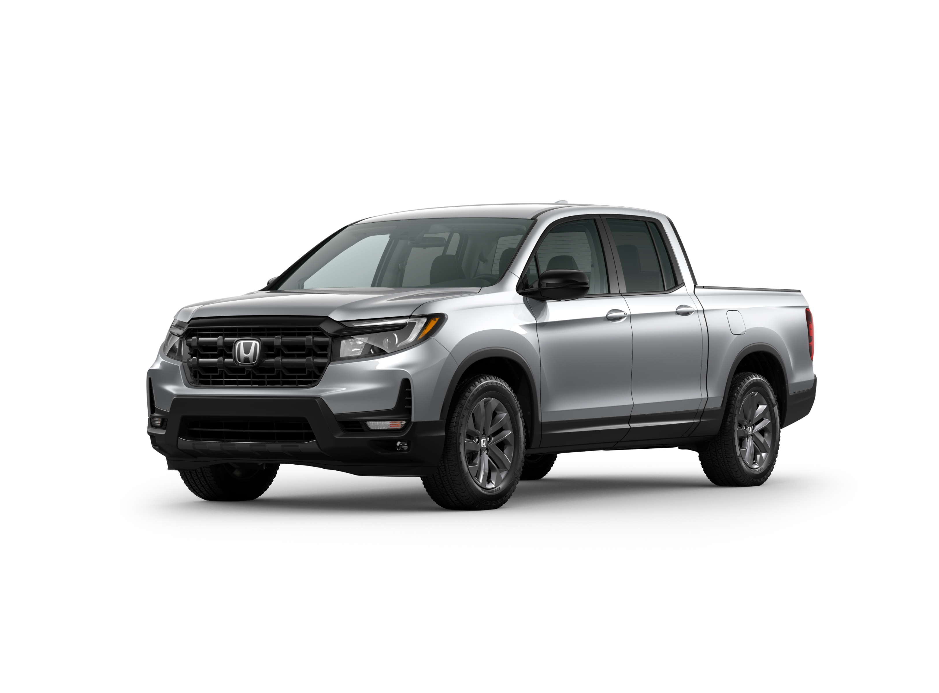 ¾ driver side front facing view of 2026 Ridgeline Sport model in Solar Silver Metallic colour
