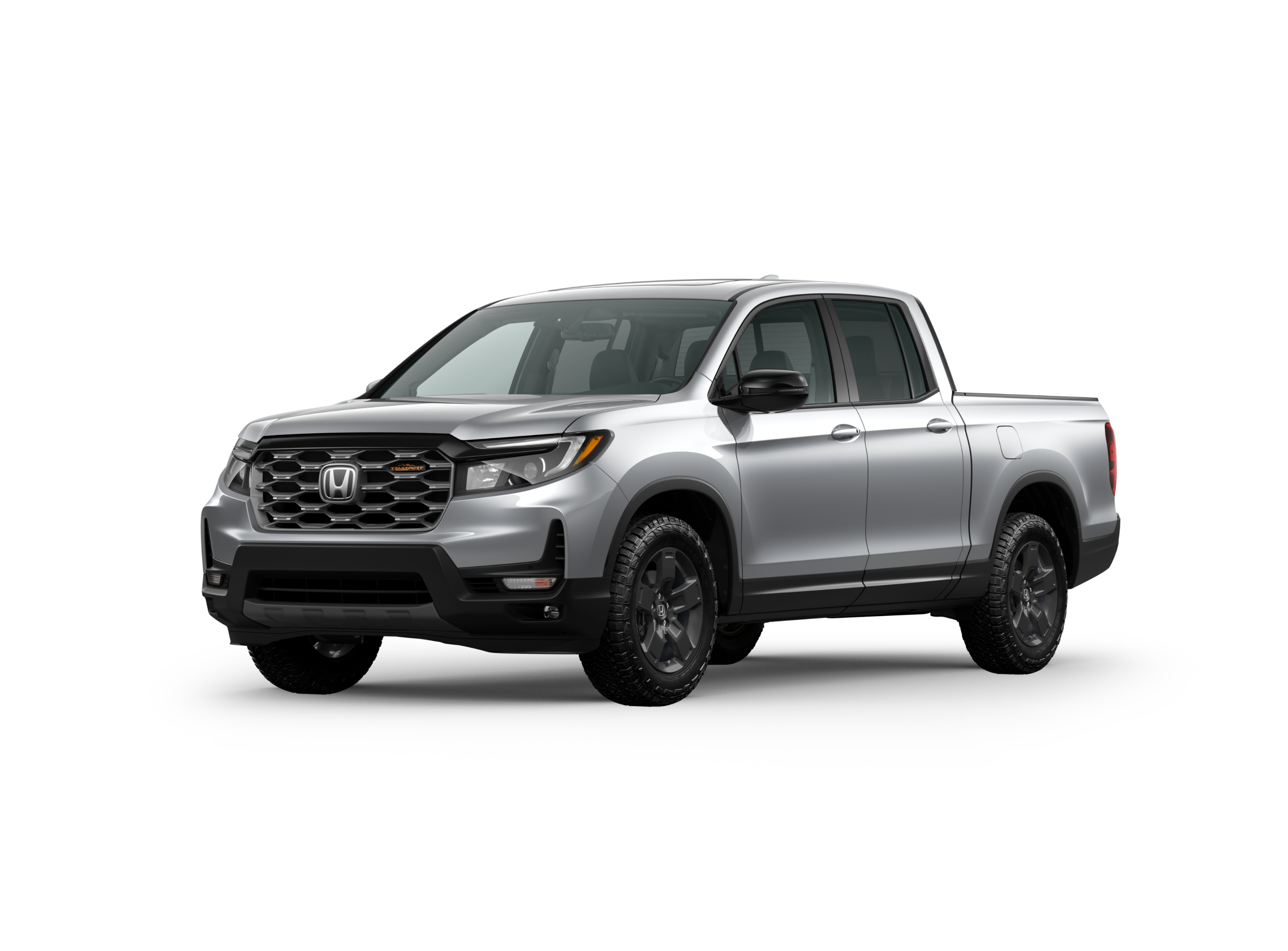 ¾ passenger side rear facing view of 2026 Ridgeline TrailSport model in Solar Silver Metallic colour
