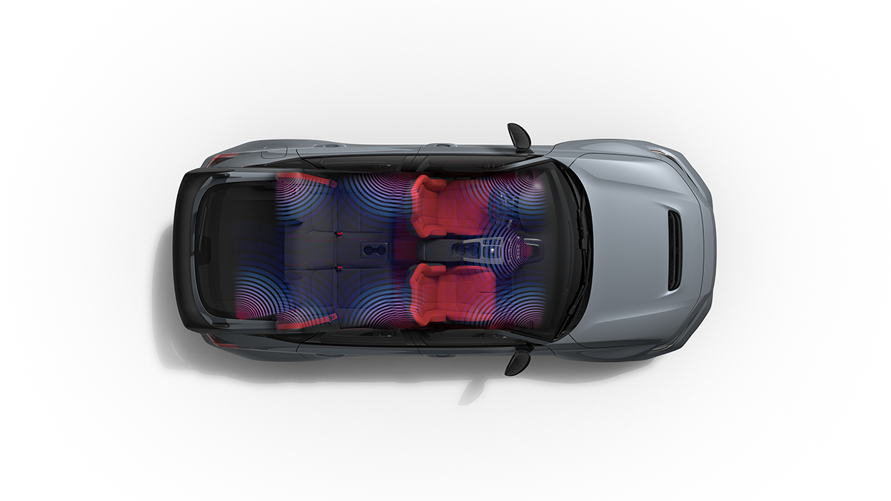 Vue en plongée d’une Type R grise dans un espace blanc sans toit. Ondes bleu-mauve émises, indiquant l’emplacement des haut-parleurs BOSEMD.