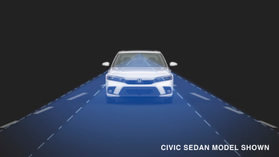 Front view of white Civic Sedan. Blue sensor waves and lines emit from the front.