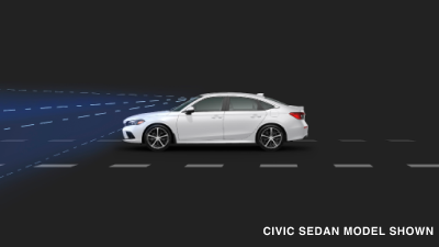 Sideview of white Civic Sedan. Blue sensor waves and lines emit from the front. 