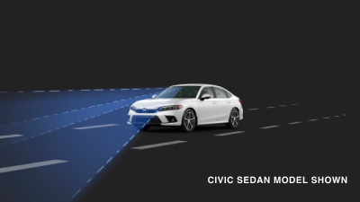3/4 front view of white Civic Sedan. Blue sensor waves and lines emit from the front.
