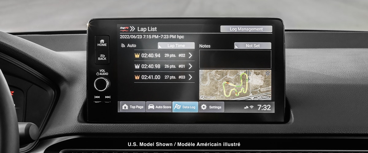 Closeup of the touchscreen displaying LogR™ recorded info: lap times and course map.
