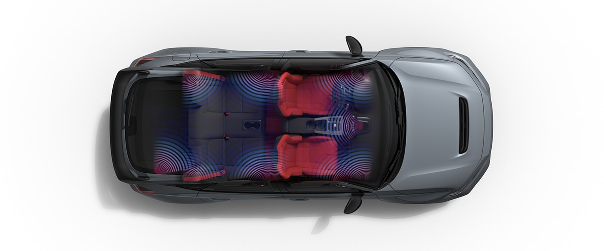 Bird's eye view of grey Type R on white space with no roof. Blue/purple waves emitting, indicate where all the BOSE® speakers are.