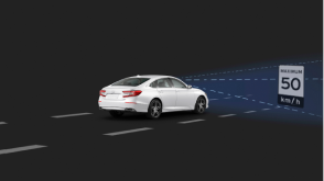 3/4 rear view of white Civic Sedan. Blue sensor waves and lines emit from the front, detecting a traffic sign. 