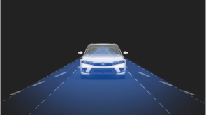 Front view of white Civic Sedan. Blue sensor waves and lines emit from the front. 