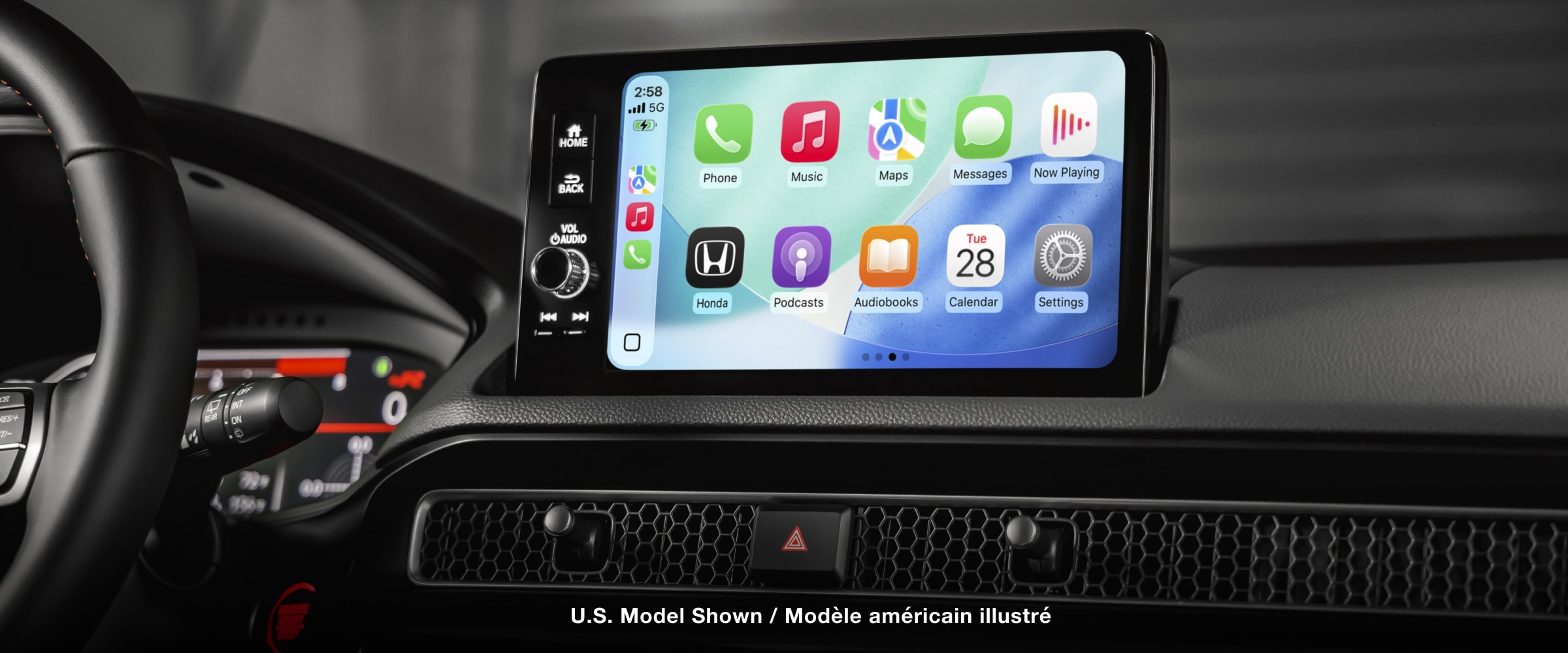 Gros plan de l’écran tactile couleur à l’affichage d’accueil.