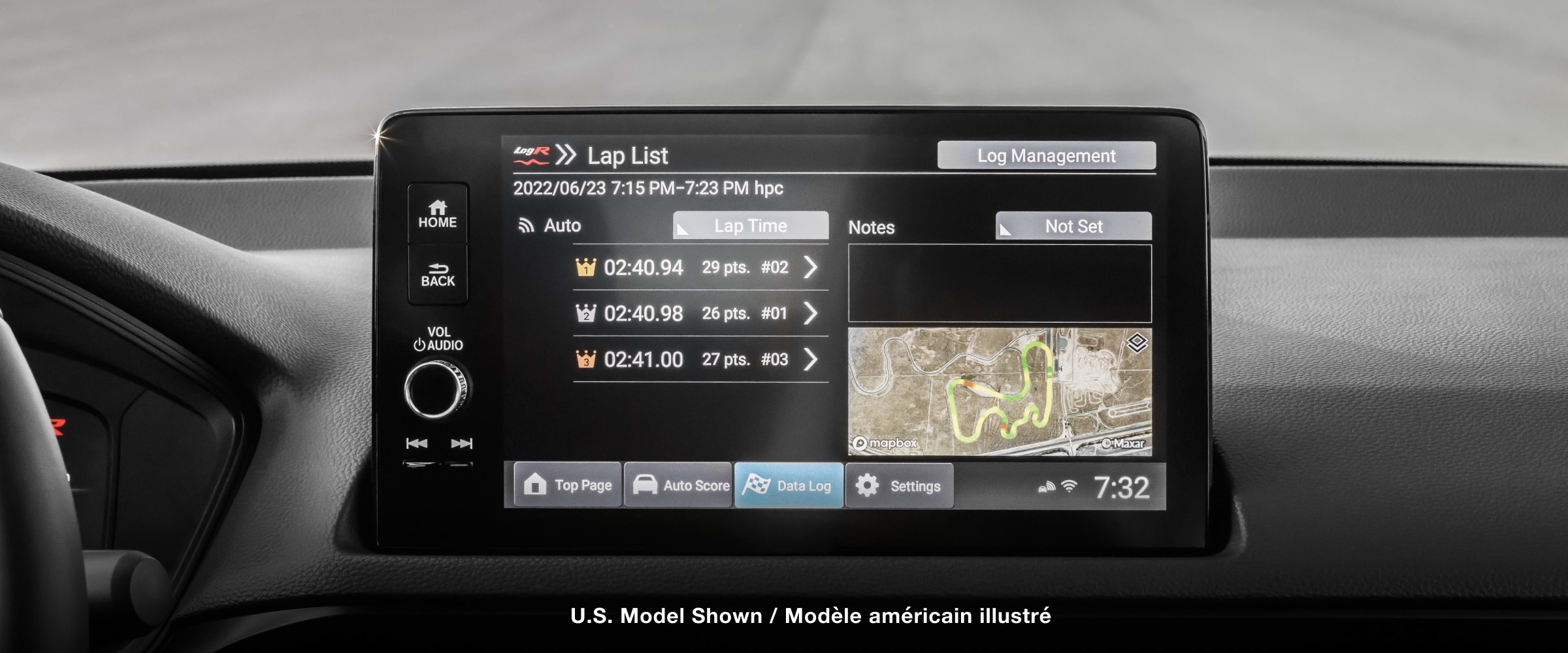 Closeup of the touchscreen displaying LogR™ recorded info: lap times and course map.