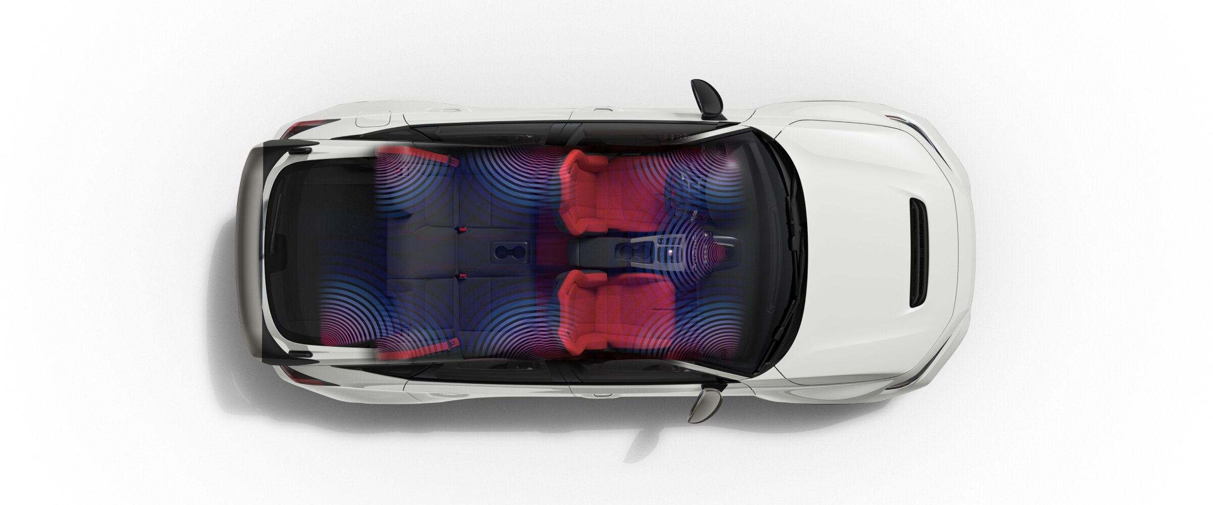 Vue en plongée d’une Type R blanche dans un espace blanc sans toit. Ondes bleu-mauve émises, indiquant l’emplacement des haut-parleurs BOSEMD.