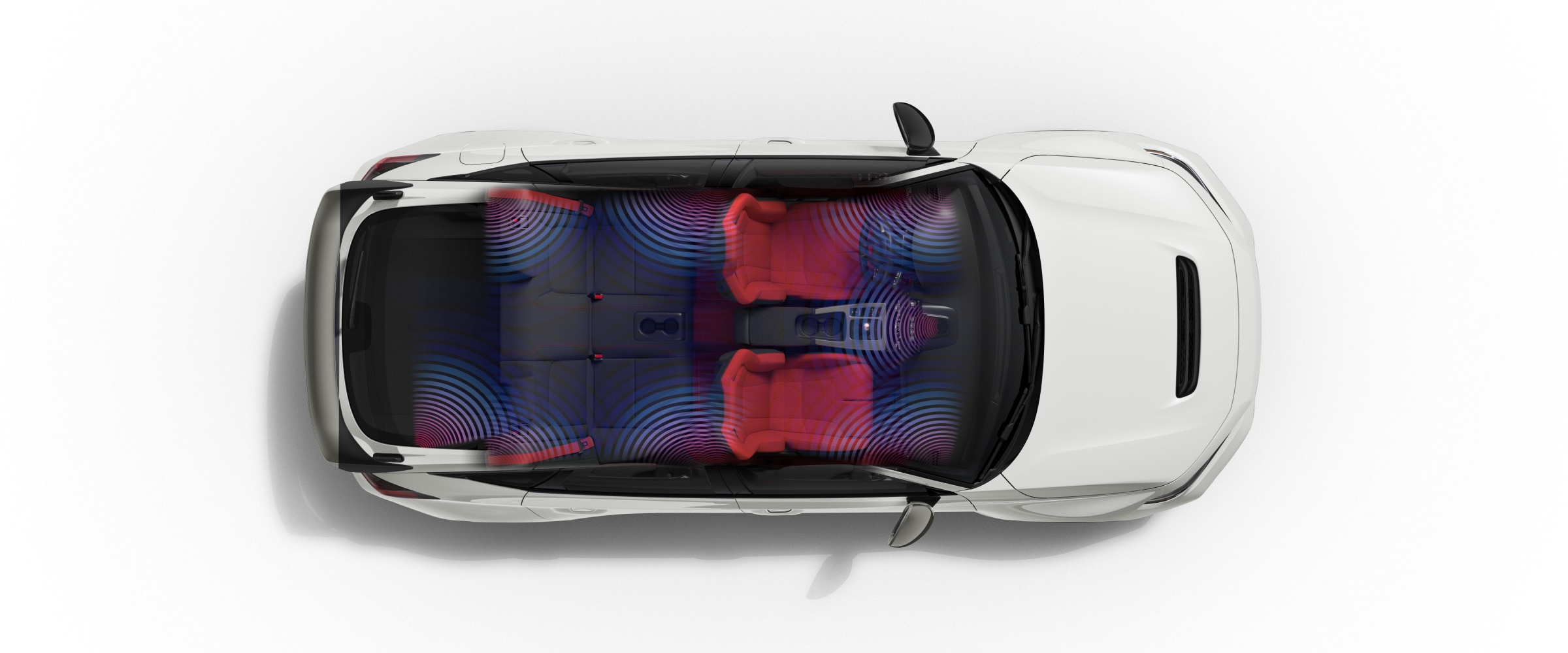 Bird's eye view of white Type R on white space with no roof. Blue/purple waves emitting, indicate where all the BOSE® speakers are.