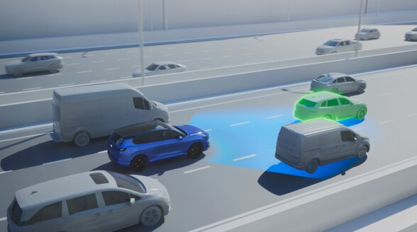 Illustration d’un véhicule sur une autoroute bondée avec une traînée de lumière bleue émanant de l’avant.