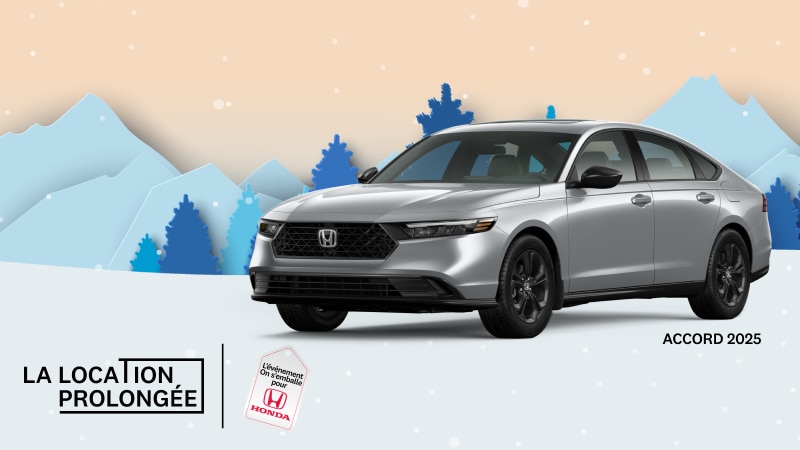 Une Accord SE 2025 de couleur argent avec des montagnes enneigées et des arbres en arrière-plan.