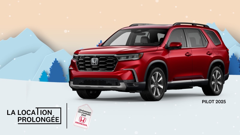 Un Honda Pilot Touring rouge 2025 avec en arrière-plan des montagnes et des arbres enneigés.