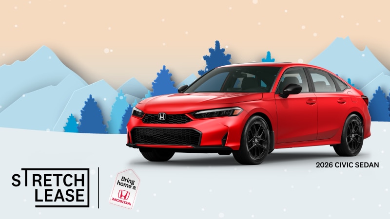 A red 2026 Civic Sport Hybrid with snowy mountains and trees in the background.