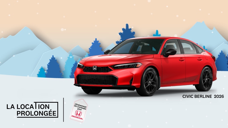 Une Honda Civic Sport hybride rouge 2026 avec en arrière-plan des montagnes et des arbres enneigés.