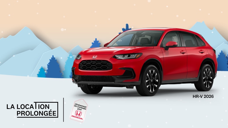 Un Honda HR-V EX-L rouge 2026 avec en arrière-plan des montagnes et des arbres enneigés.