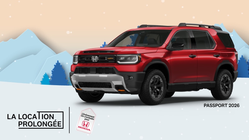 Un Passport Trailsport Touring 2026 rouge avec des montagnes enneigées et des arbres en arrière-plan.