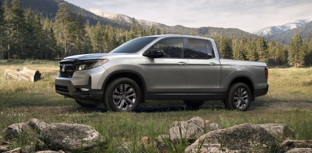 Side view of grey Ridgeline parked in an open grass field with temperate coniferous forest and mountains in the background. 