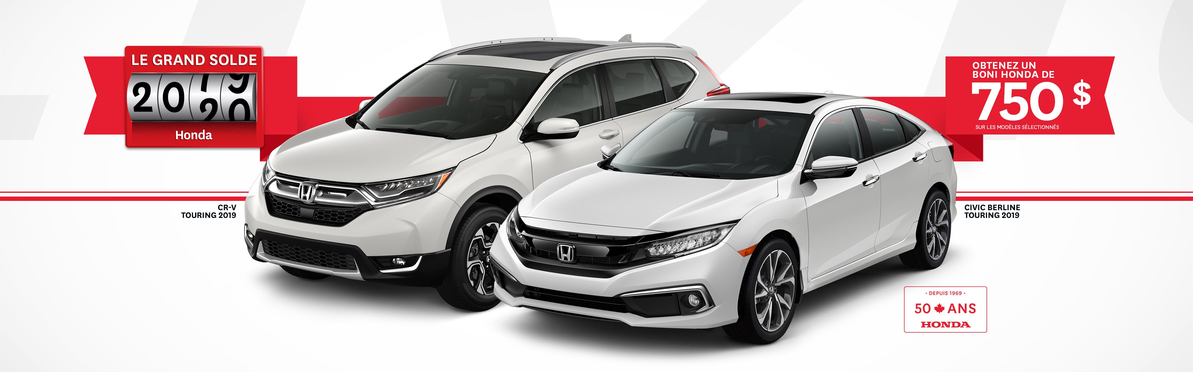 2019 CR-V Touring in Platinum White Pearl, 2019 Civic Sedan in Platinum White Pearl.