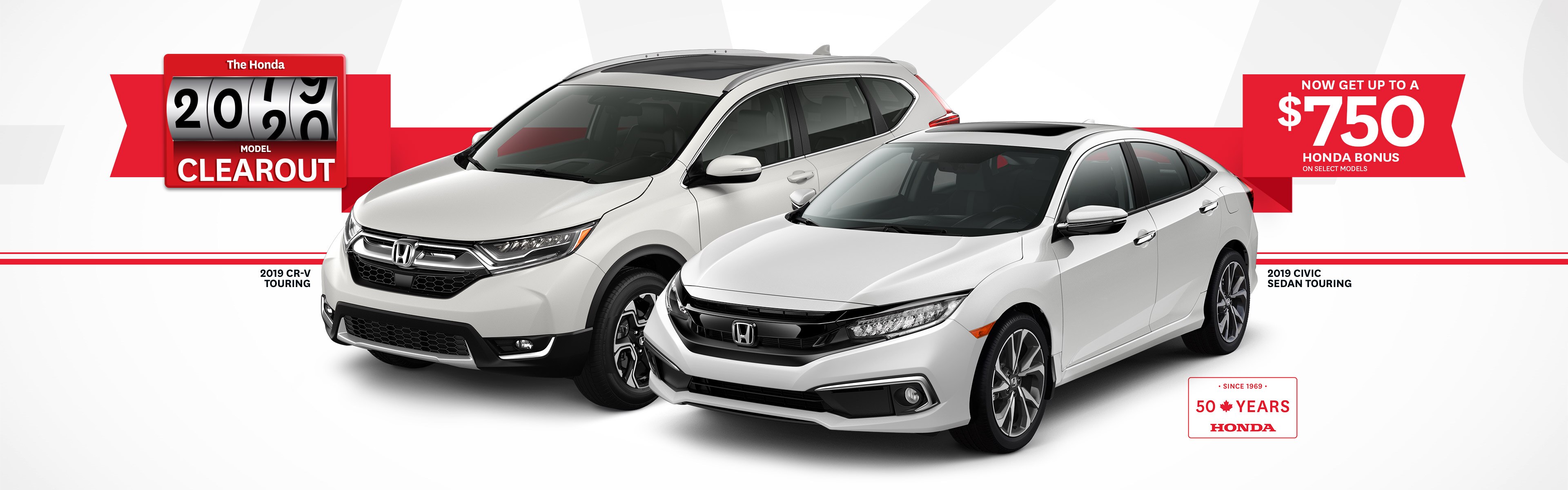 2019 CR-V Touring in Platinum White Pearl, 2019 Civic Sedan in Platinum White Pearl.