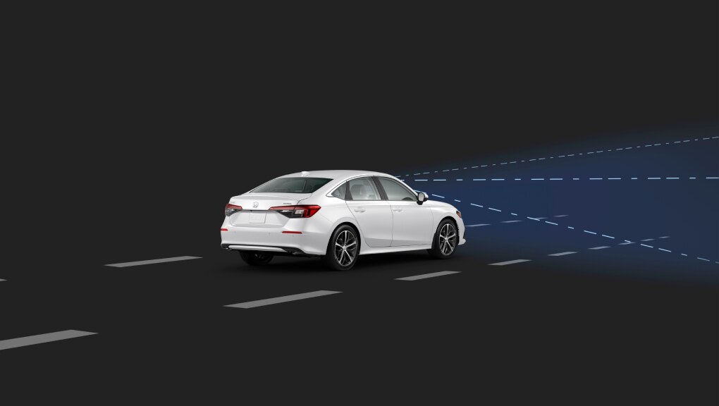 Rear-facing side view of a white 2022 Honda Civic driving in a black space with a blue beam emanating from the front to depict the vehicle’s Collision Mitigation Braking System.