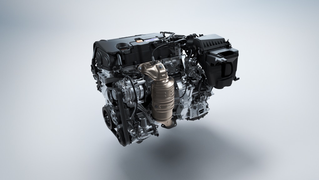 The 2022 Honda Civic’s 2.0-litre, 4-cylinder engine floating in white space.