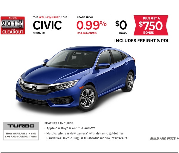 Limited Time Lease Offer Is From Honda Canada Finance Inc HCFI On Approved Credit The Weekly Applies To A New 2018 Civic Sedan LX MT
