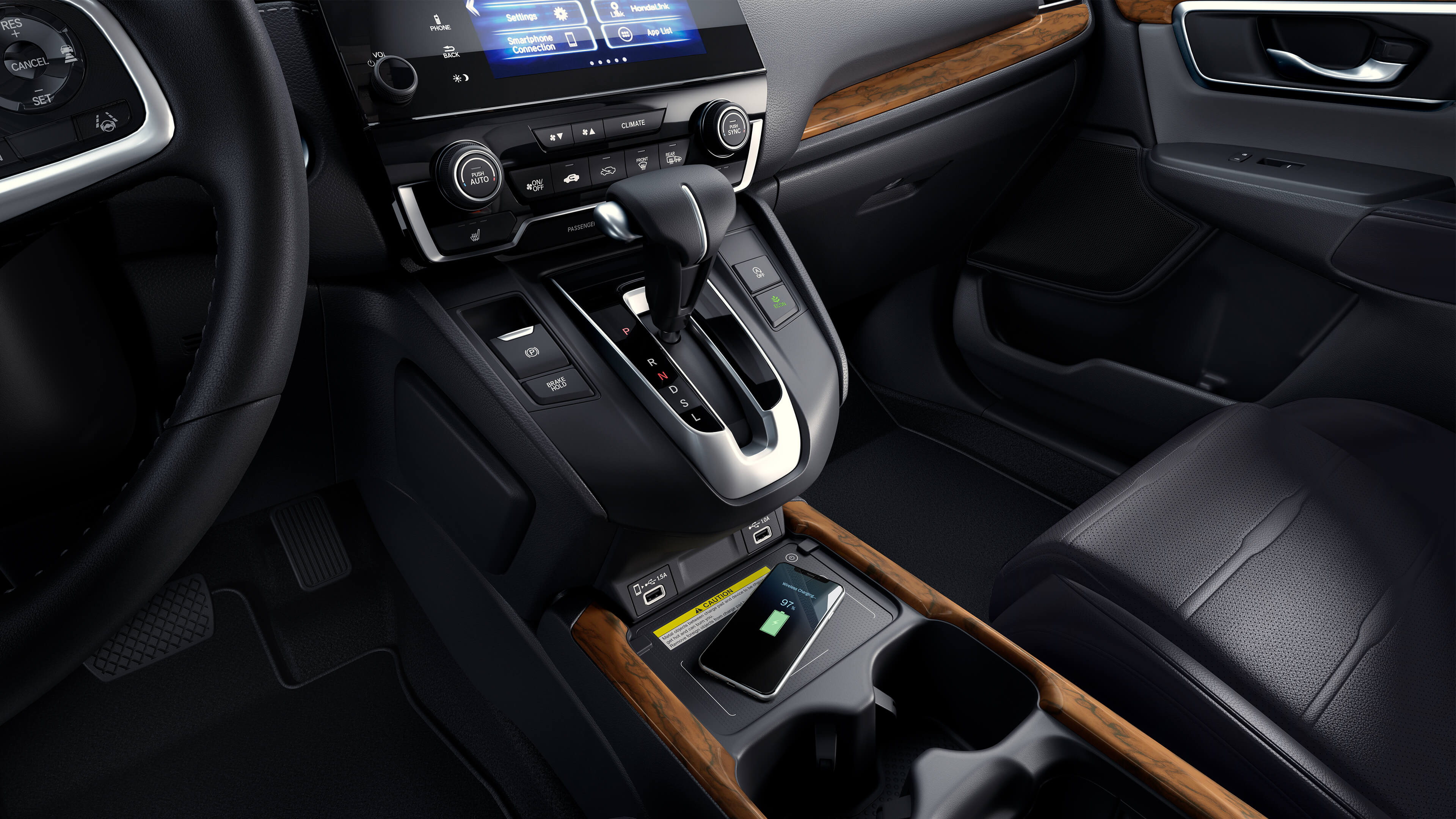 CVT shifter detail in the 2021 Honda CR-V Touring interior.