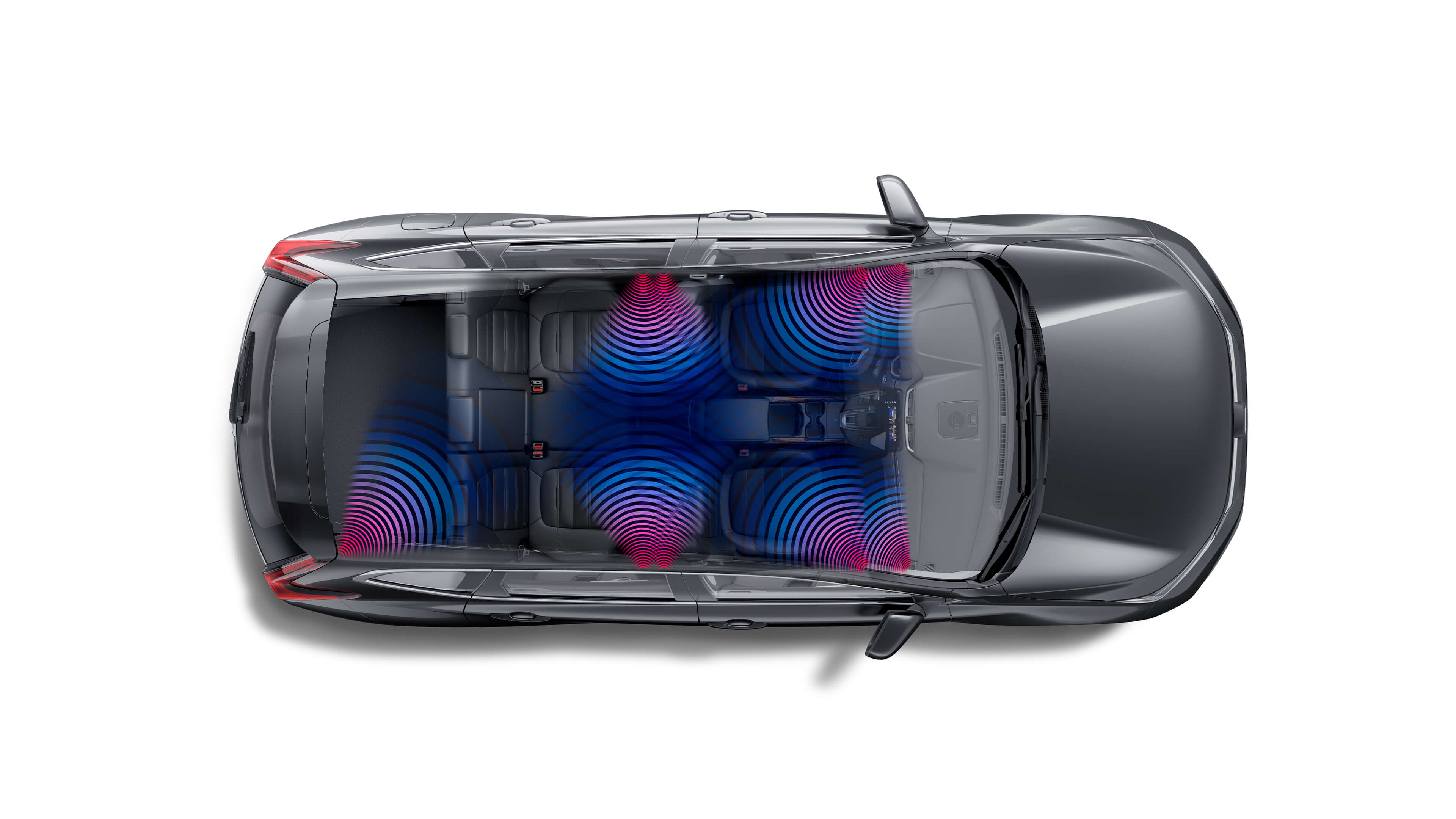 Overhead cutaway view of the 2021 Honda CR-V Touring in Modern Steel Metallic, showing speaker placement in cabin.